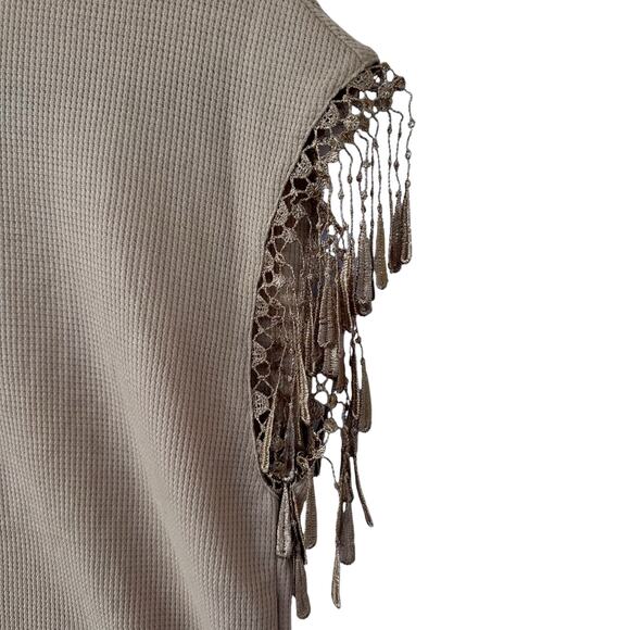 Emery Rose Boho Sleeveless Top Womens Sz M Tan Waffle Knit Crocheted Tassled - Picture 3 of 8